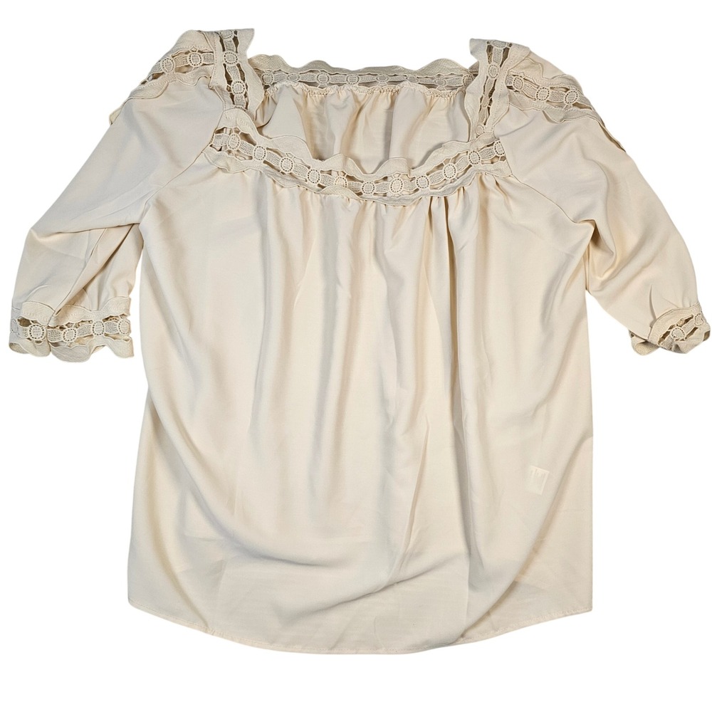 Cream Crochet Lace Trim Square Neck Blouse 3/4 Sleeve Peasant Top XL